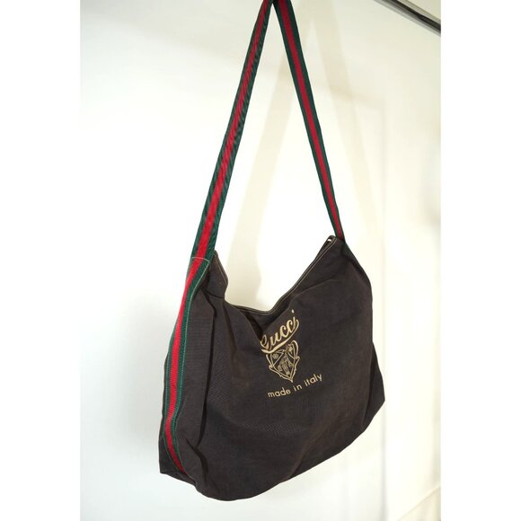 Vintage Gucci Black Canvas Crossbody Bag Gucci Web Strap Made in Italy - Picture 1 of 7